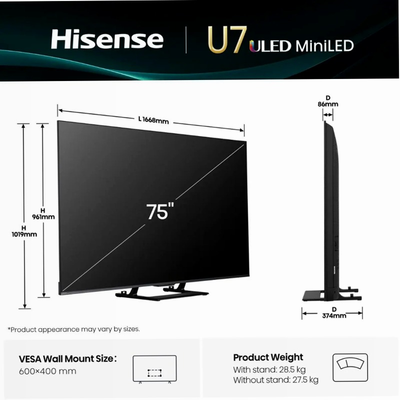 Hisense TV SET 75U7Q - Smart TV ULED Nero 75" HD LED