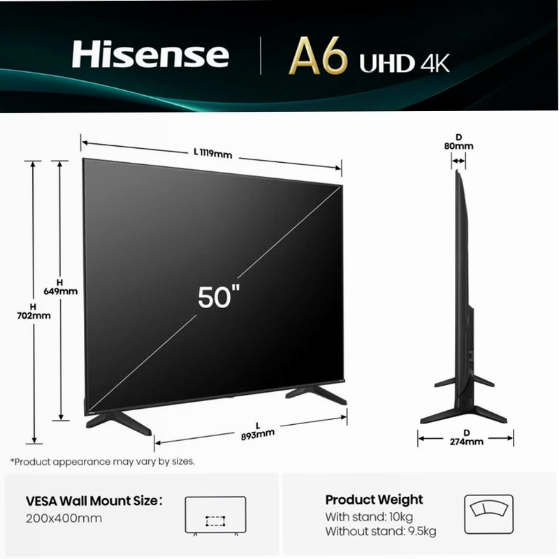 Hisense TV SET 50A69Q - Smart TV 4K UHD Nero 50" HD