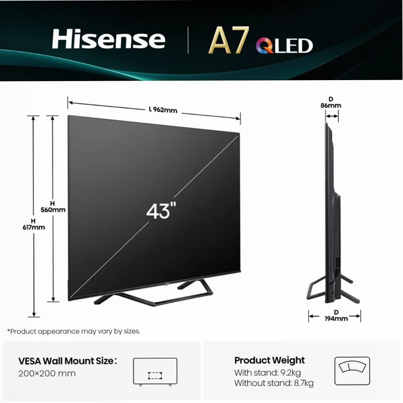 Hisense TV SET 43A72Q HSN - Sperimenta l'Ultra HD con Dolby Atmos Nero 43" QLED