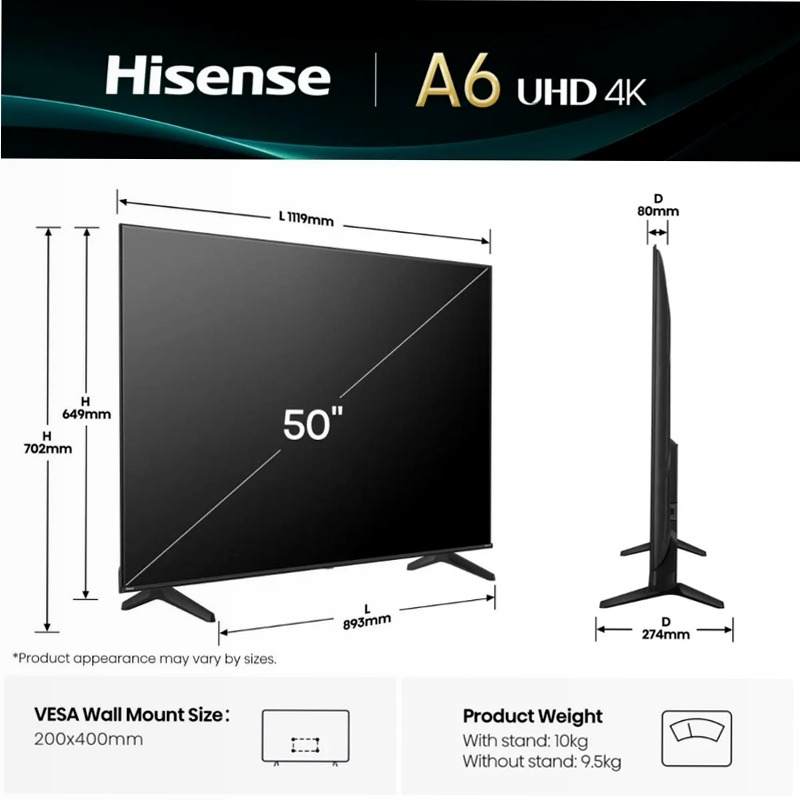 Hisense TV SET 50A6Q HSN - Smart TV 4K UHD Nero 50" HD
