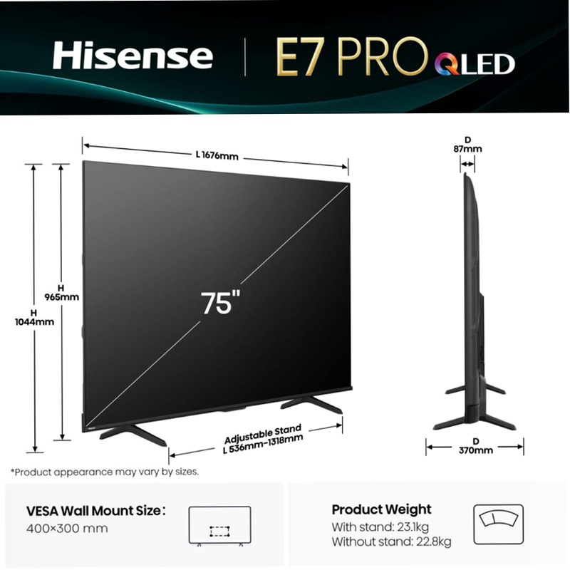 Hisense TV SET 75E7Q PRO HSN Nero 75" HD QLED