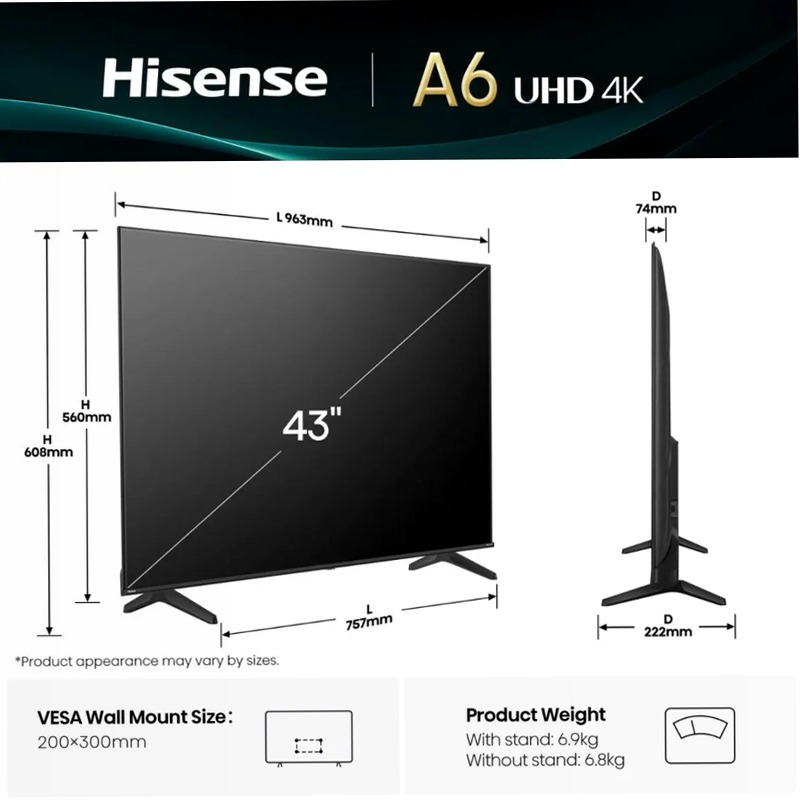 Hisense TV SET 43A6Q HSN - Smart TV 4K UHD Nero 43" HD