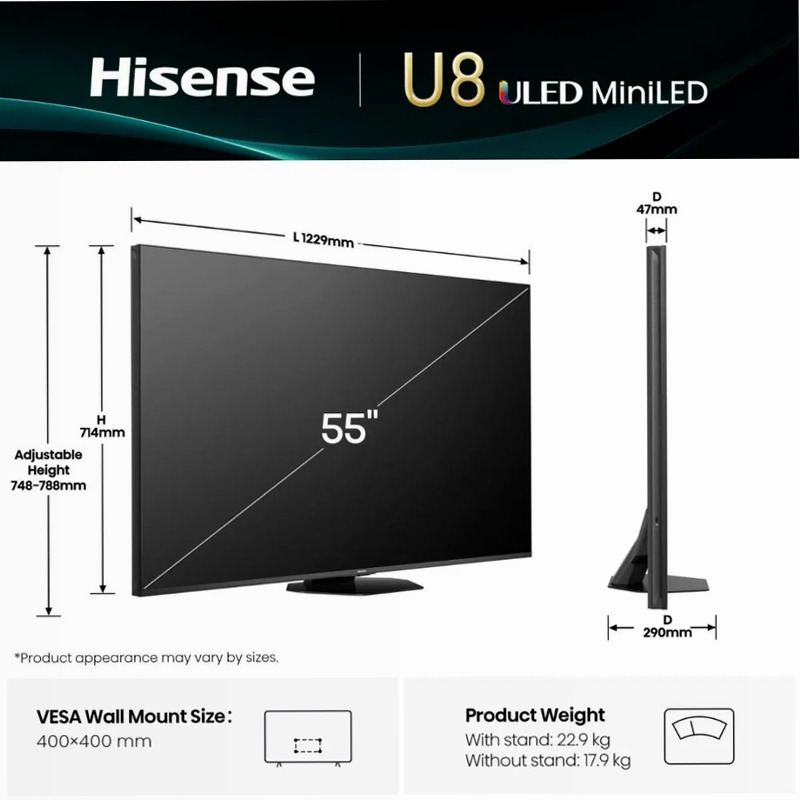 Hisense TV SET 55U8Q HSN - Smart TV ULED 4K Grigio 55" HD LED