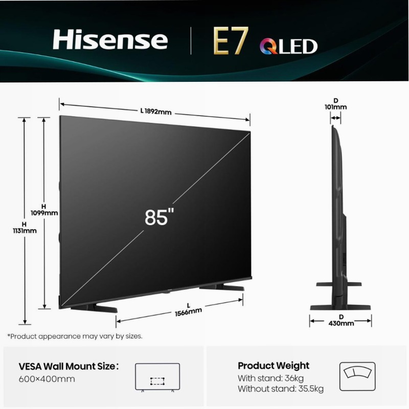 Hisense TV SET 85E78Q HSN Nero HD