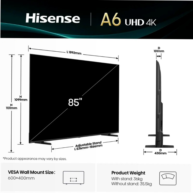 Hisense TV SET 85A6Q HSN - Smart TV 4K UHD Nero 75" HD