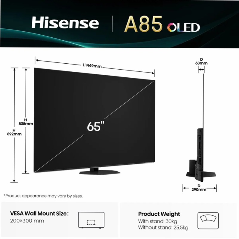 Hisense TV SET 65A85Q HSN - Smart TV OLED Grigio 65" HD