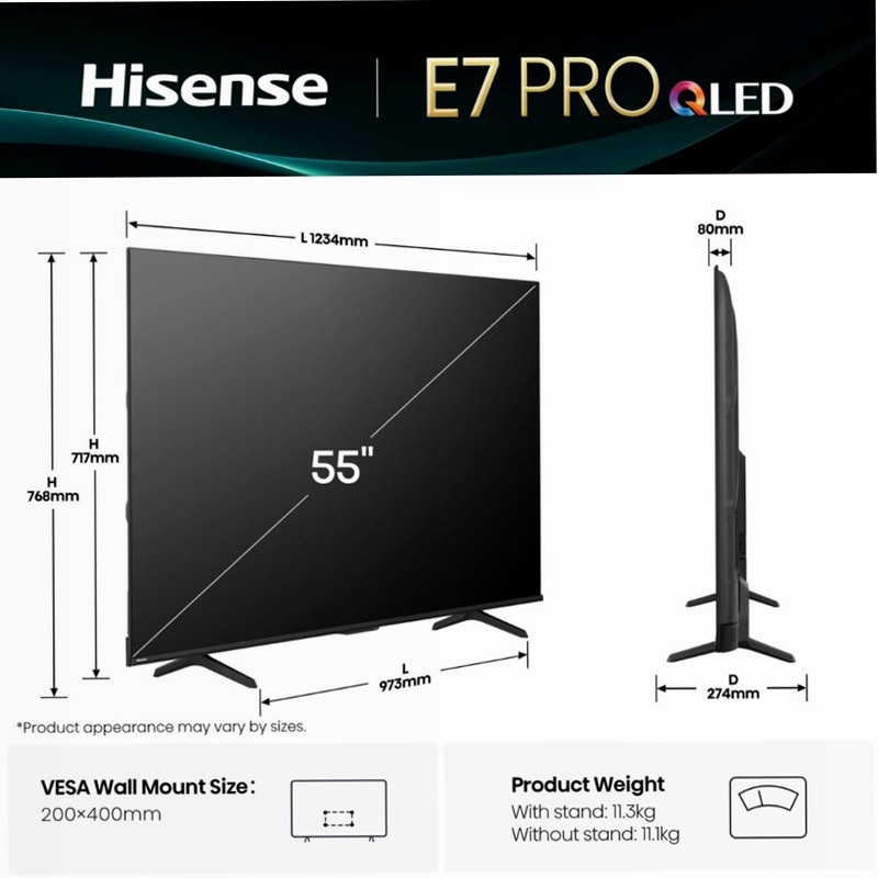 Hisense TV SET 55E7Q PRO Nero 55" HD QLED