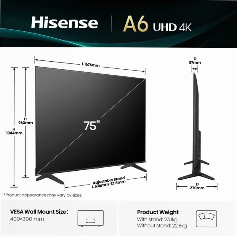 Hisense TV SET 75A6Q HSN - Smart TV 4K UHD Nero 75" HD