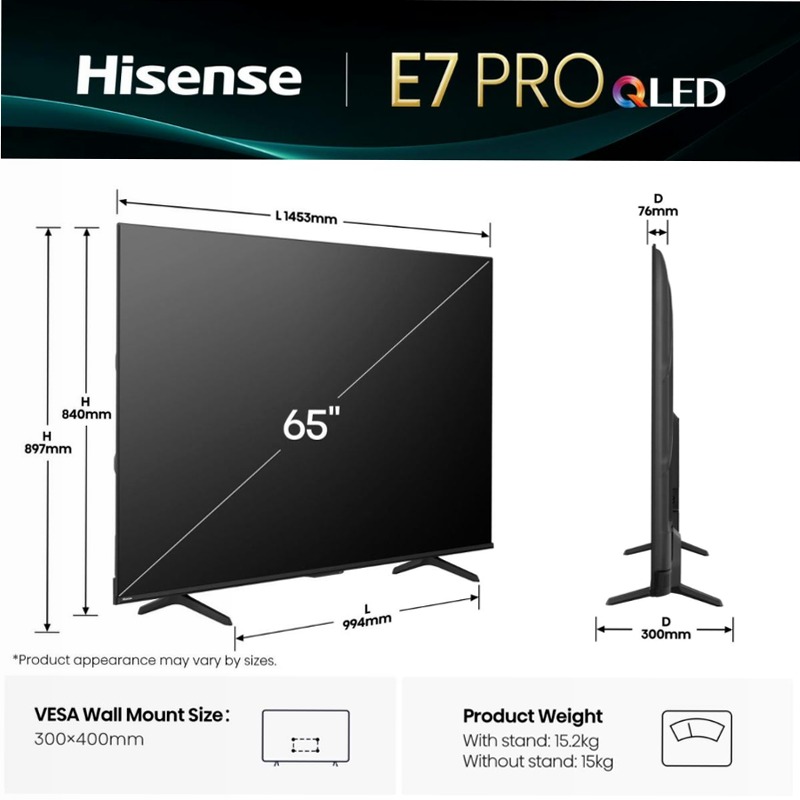 Hisense TV SET 65E7Q PRO HSN Nero 65" HD