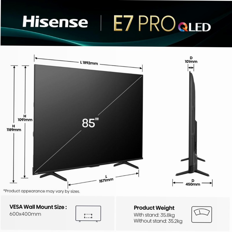 Hisense TV SET 85E7Q PRO HSN Nero 85" HD