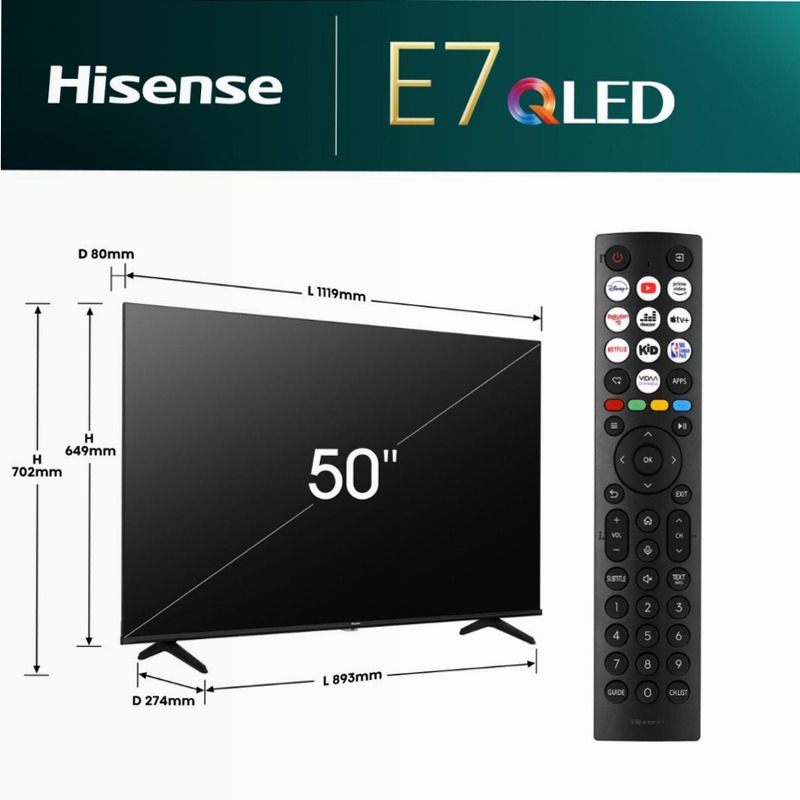 Hisense TV SET 50E7NQ HSN Nero 50" HD QLED