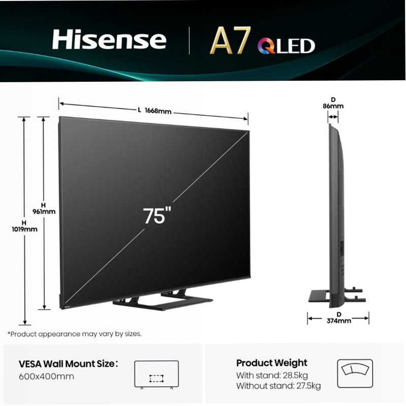 Hisense TV SET 75A7Q HSN - Smart TV 4K Ultra HD Nero 75" QLED