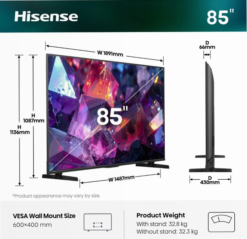 Hisense TV SET 85E79S PRO Grigio 75" HD QLED