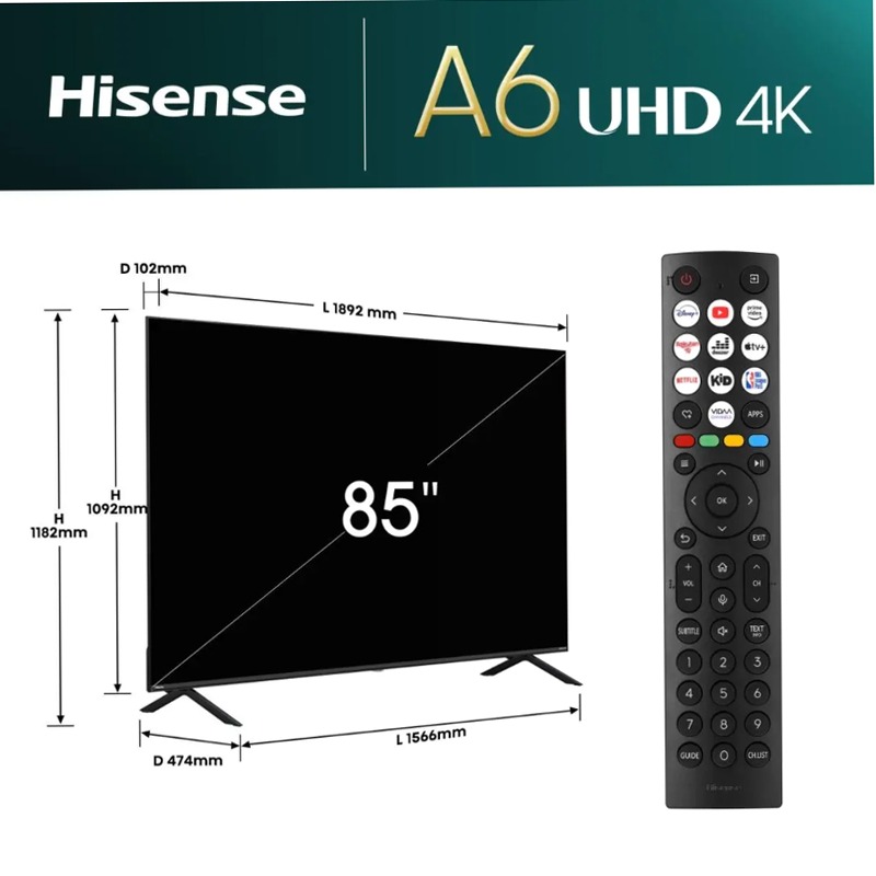 Hisense TV SET 85A6N HSN - Smart TV 4K UHD Nero 75" HD