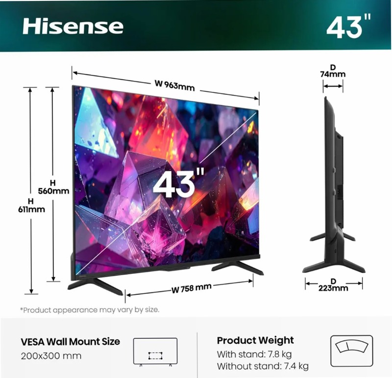 Hisense TV SET 43E79S PRO Nero 43" HD QLED