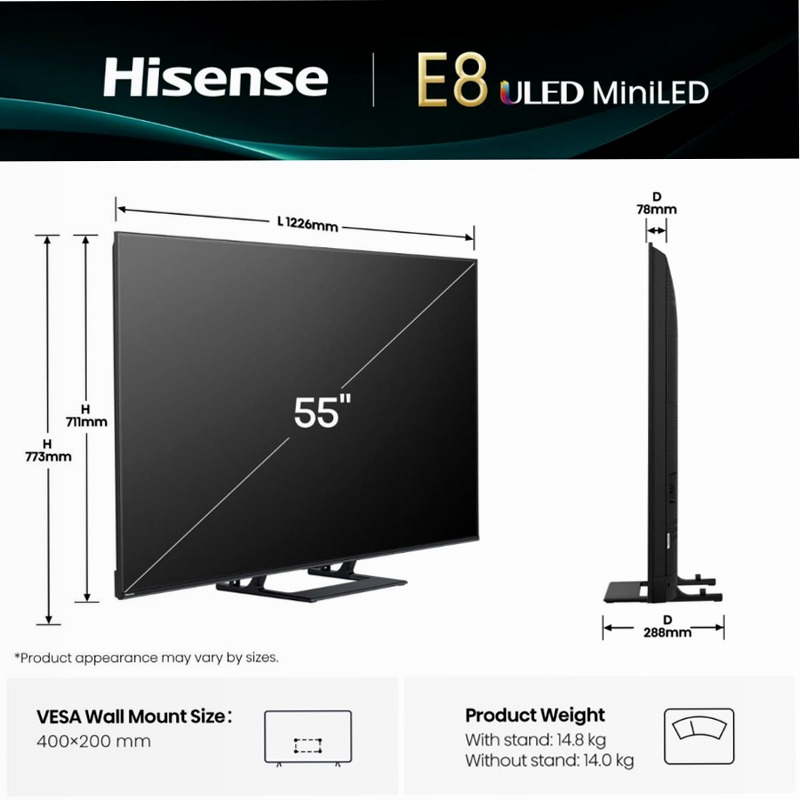 Hisense TV SET 55E8Q HSN Grigio 55" HD LED