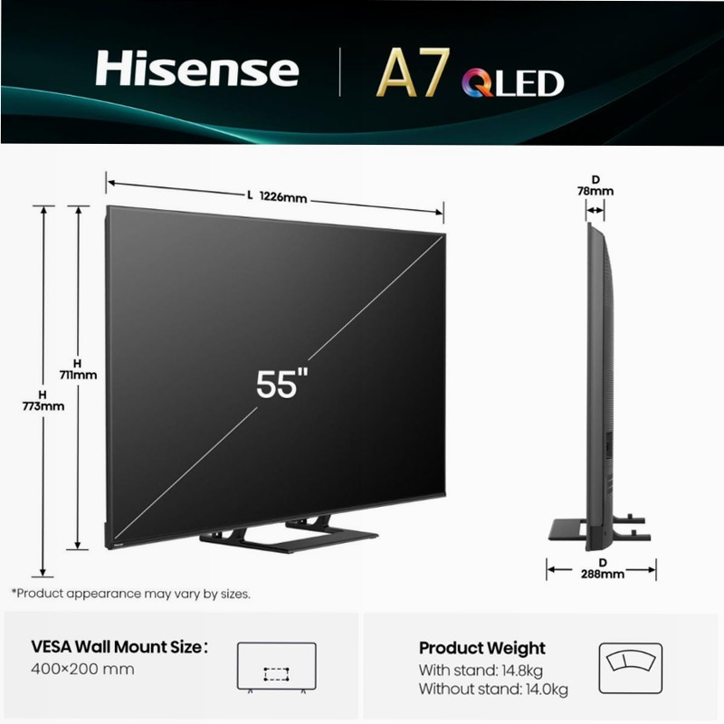 Hisense TV SET 55A72Q HSN Nero 55" HD