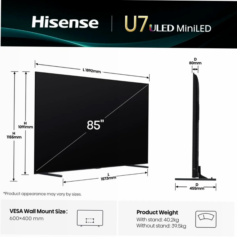 Hisense TV SET 85U7Q HSN - Smart TV ULED Grigio 85" HD LED