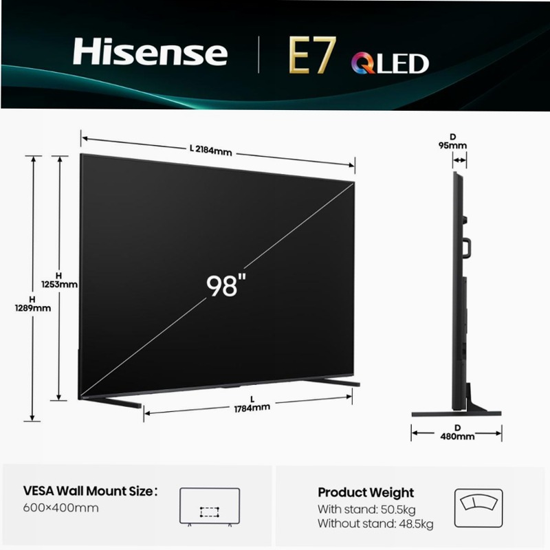 Hisense 98E7Q - Smart TV QLED Grigio 98" HD