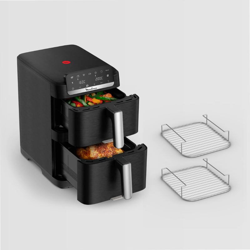Easy Fry Crispy Stack, Friggitrice ad Aria Verticale con Doppia Resistenza, Salvaspazio, Frontale Rimovibile