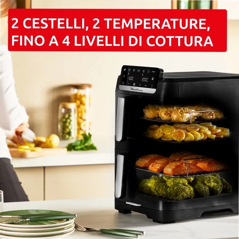 Easy Fry Crispy Stack, Friggitrice ad Aria Verticale con Doppia Resistenza, Salvaspazio, Frontale Rimovibile