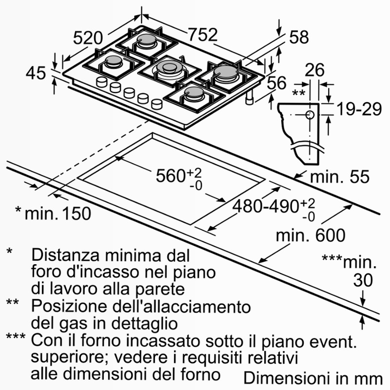 N 70 Piano Cottura a Gas 75 cm Vetro Temprato, Nero