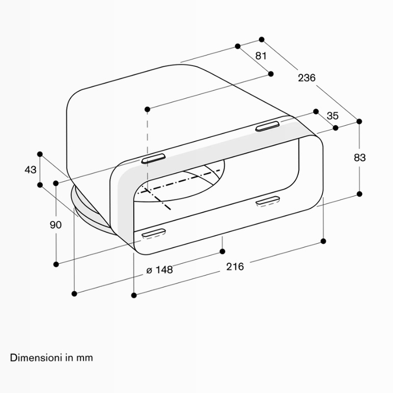 Adapter duct ⌀ 150 mm, 90° round-flat