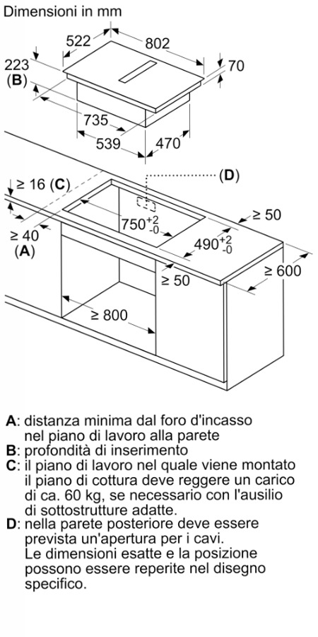 N 50 Piano a induzione con cappa integrata 80 cm