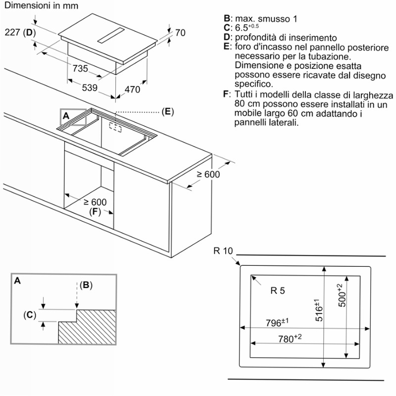 N 90 Piano a induzione con cappa integrata 80 cm