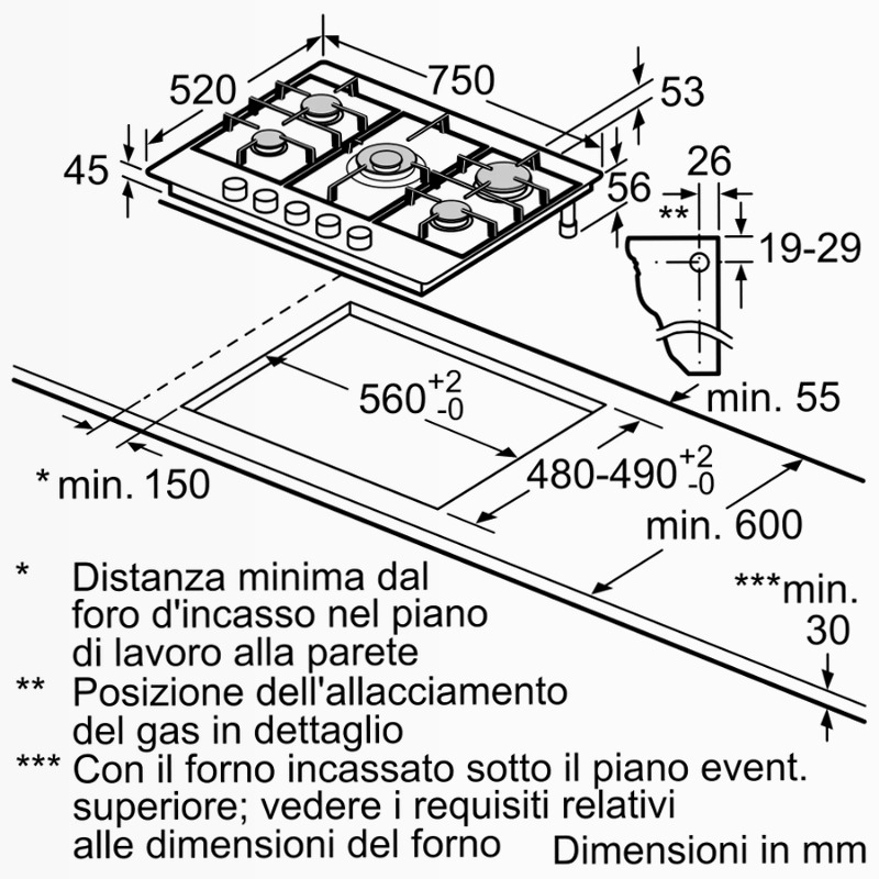 N 70 Piano Cottura a Gas 75 cm Acciaio Smaltato, Nero