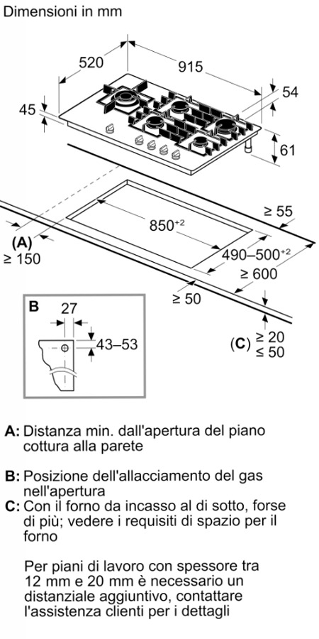 N 90 Piano Cottura a Gas 90 cm Vetro Temprato, Nero