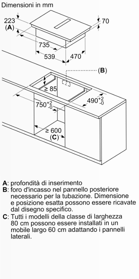 N 70 Piano a induzione con cappa integrata 80 cm Nero opaco, Flex Design
