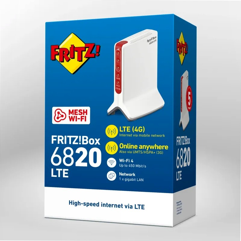 FRITZ!Box 6820 LTE 4 450Mbps LTE FDD banda 1 (2,1 GHz), banda 3 (1,8 GHz), banda 5 (850 MHz), banda 7 (2,6 GHz), banda 8 (900 MHz), banda 20 (800 MHz) e banda 32 (1,5 GHz)/LTE TDD banda 38 (2,6 GHz), banda 40 (2,3 GHz), banda 41 (2,5 GHz) 4G (LTE) e 3G (UMTS)