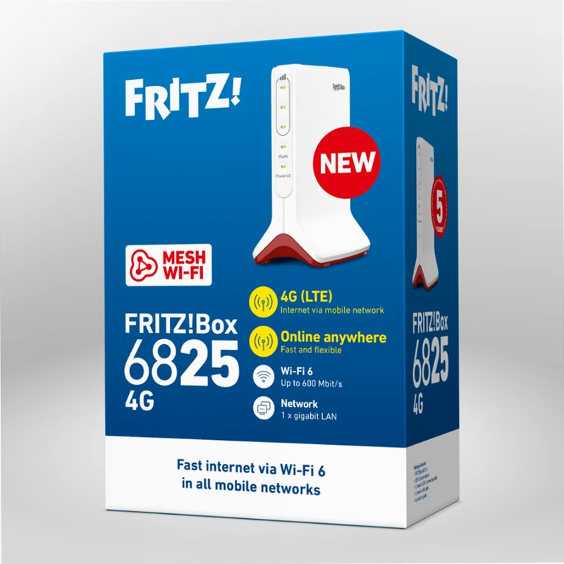 FRITZ!Box 6825 4G - Connessione Internet Mobile Veloce e Flessibile 4 300Mbps LTE FDD banda 1 (2,1 GHz), banda 3 (1,8 GHz), banda 5 (850 MHz), banda 7 (2,6 GHz), banda 8 (900 MHz), banda 20 (800 MHz), banda 28 (700 MHz), banda 32 (1,5 GHz)/LTE TDD banda 38 (2,6 GHz), banda 40 (2,3 GHz), banda 41 (2,5 GHz) 4G (LTE), 3G (UMTS)