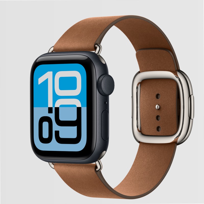 Apple Watch SE 3 GPS, Cassa 40 mm in alluminio mezzanotte con Cinturino Modern caramello watchOS