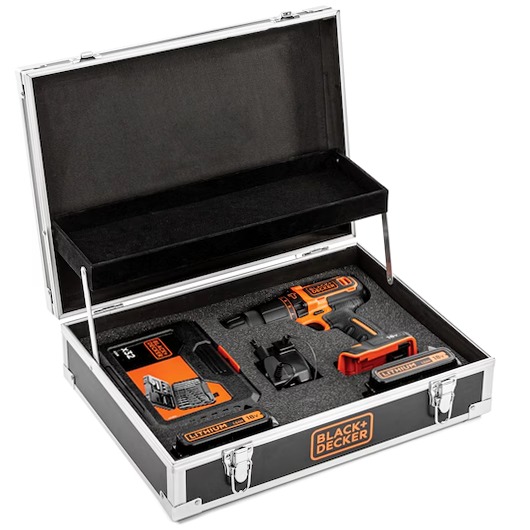 Trapano avvitatore a percussione a 2 velocità meccaniche con doppia batteria 18V in valigetta metallica premium con vano ripiano per accessoristica e utensili manuali comprensiva di set 32 accessori