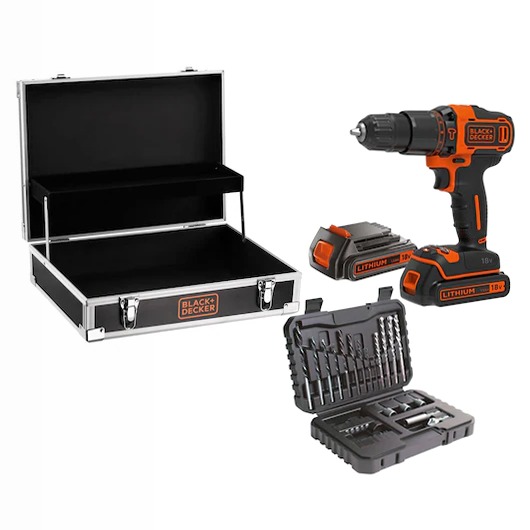 Trapano avvitatore a percussione a 2 velocità meccaniche con doppia batteria 18V in valigetta metallica premium con vano ripiano per accessoristica e utensili manuali comprensiva di set 32 accessori
