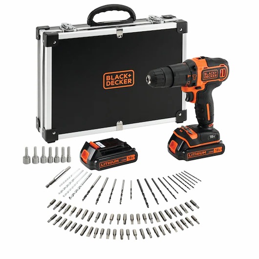 Trapano/Avvitatore a percussione 18V Litio in valigetta premium con doppia batteria, caricabatterie rapido e 80 accessori