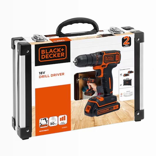 Trapano avvitatore 18V 1,5Ah con 2 batterie, caricabatterie rapido e 80 accessori in valigetta