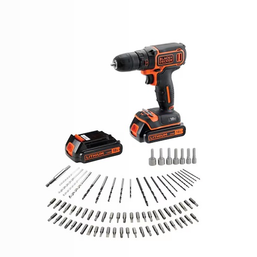 Trapano avvitatore 18V 1,5Ah con 2 batterie, caricabatterie rapido e 80 accessori in valigetta