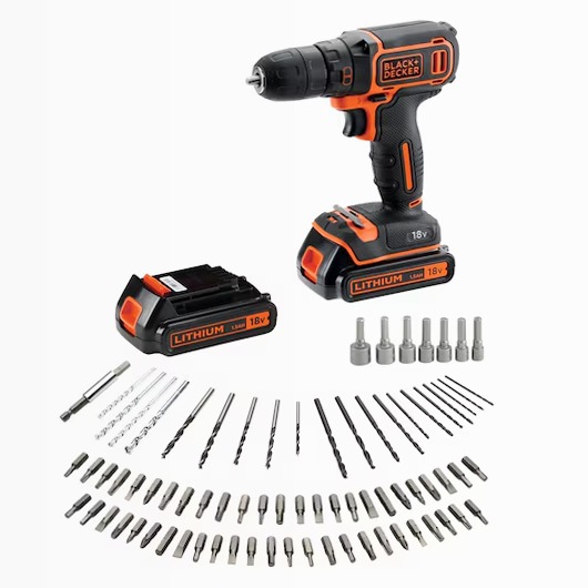 Trapano avvitatore 18V 1,5Ah con 2 batterie, caricabatterie rapido e 80 accessori in valigetta
