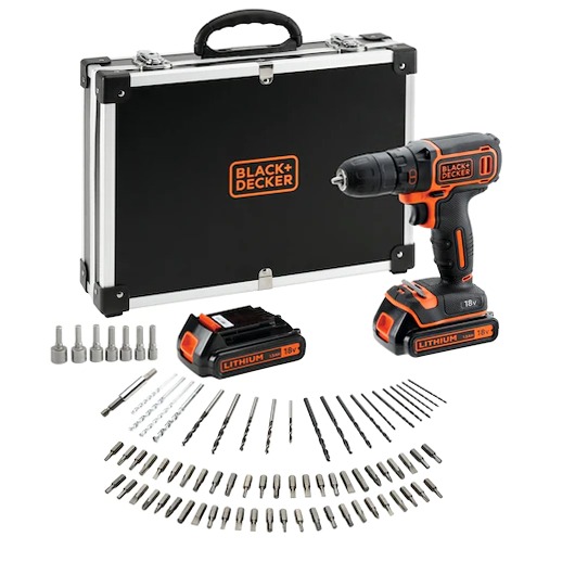 Trapano avvitatore 18V 1,5Ah con 2 batterie, caricabatterie rapido e 80 accessori in valigetta