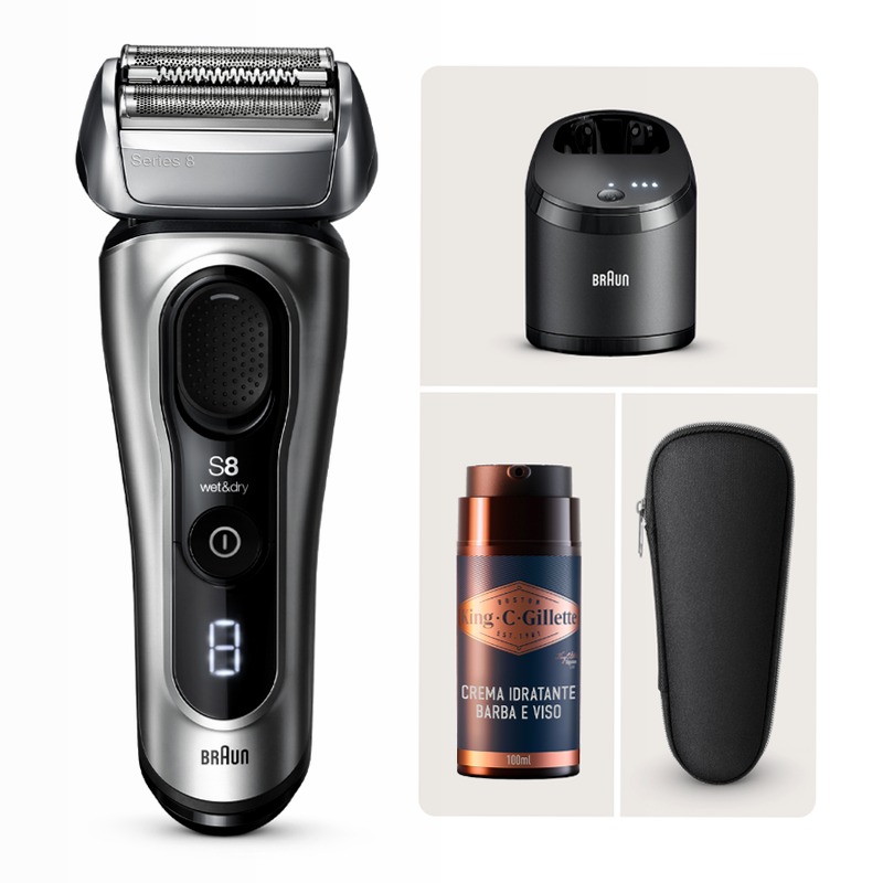 Braun Kit: Rasoio elettrico Series 8, stazione SmartCare 5in1 + crema King C. Gillette per idratare la pelle del viso e ammorbidire la barba