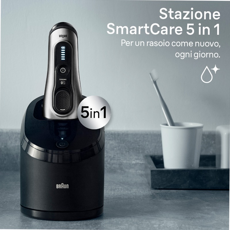 Braun Kit: Rasoio elettrico Series 8, stazione SmartCare 5in1 + crema King C. Gillette per idratare la pelle del viso e ammorbidire la barba