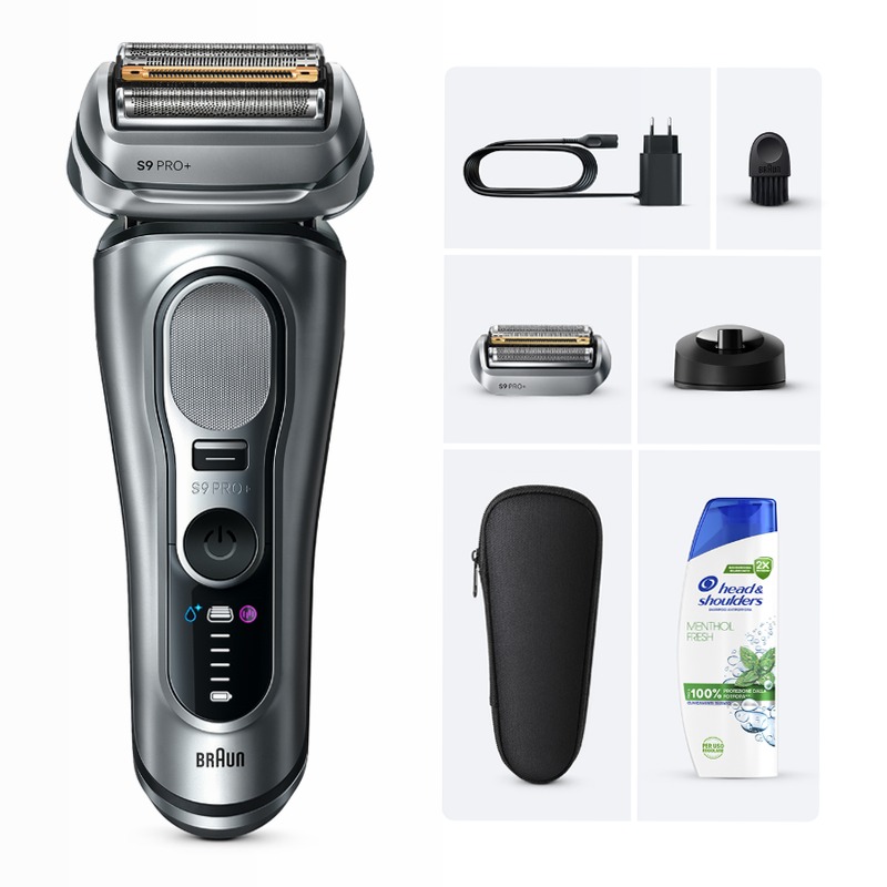 Braun Kit: Rasoio elettrico Series 9 PRO+, base di ricarica e testina di ricambio 96M + mini balsamo barba King C. Gillette per ammorbidire i peli della barba con un tocco di burro di karité e cacao