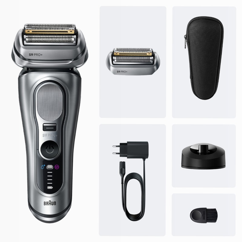 Braun Kit: Rasoio elettrico Series 9 PRO+, base di ricarica e testina di ricambio 96M + mini balsamo barba King C. Gillette per ammorbidire i peli della barba con un tocco di burro di karité e cacao