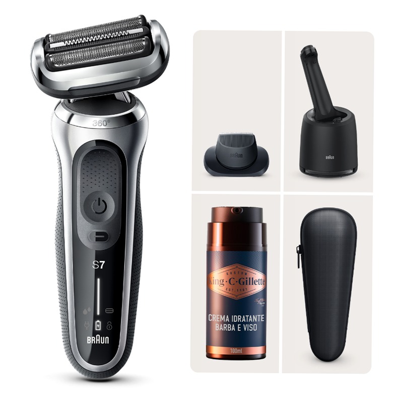 Braun Kit: Rasoio elettrico Series 7, stazione SmartCare, 3 accessori + detergente viso King C. Gillette deterge, rinfresca ed ammorbidisce i peli e la pelle del viso