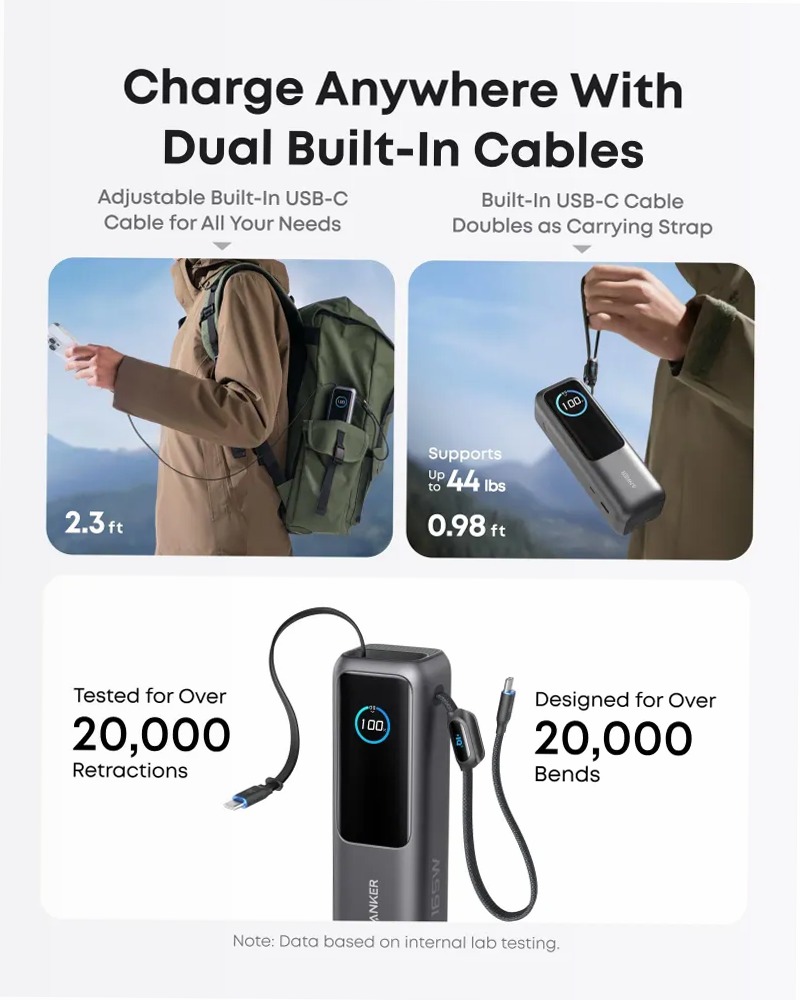Anker Laptop Power Bank (25K, 165W, cavi integrati e retrattili)+Caricabatterie Anker per laptop (140 W, 4 porte, PD 3.1) con cavo USB-C