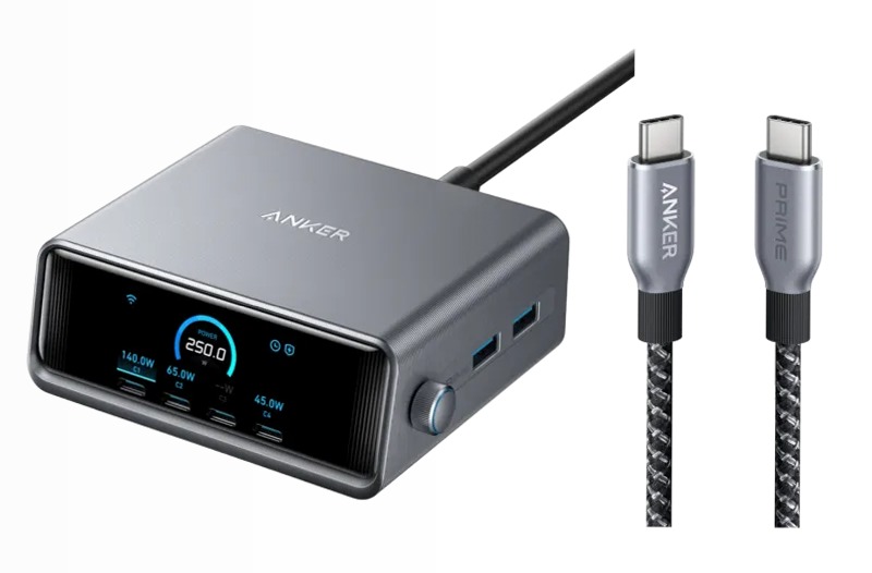 Caricabatterie Anker Prime (250 W, 6 porte, GaNPrime)+Cavo Anker Prime da USB-C a USB-C (240 W, intrecciato riciclato)