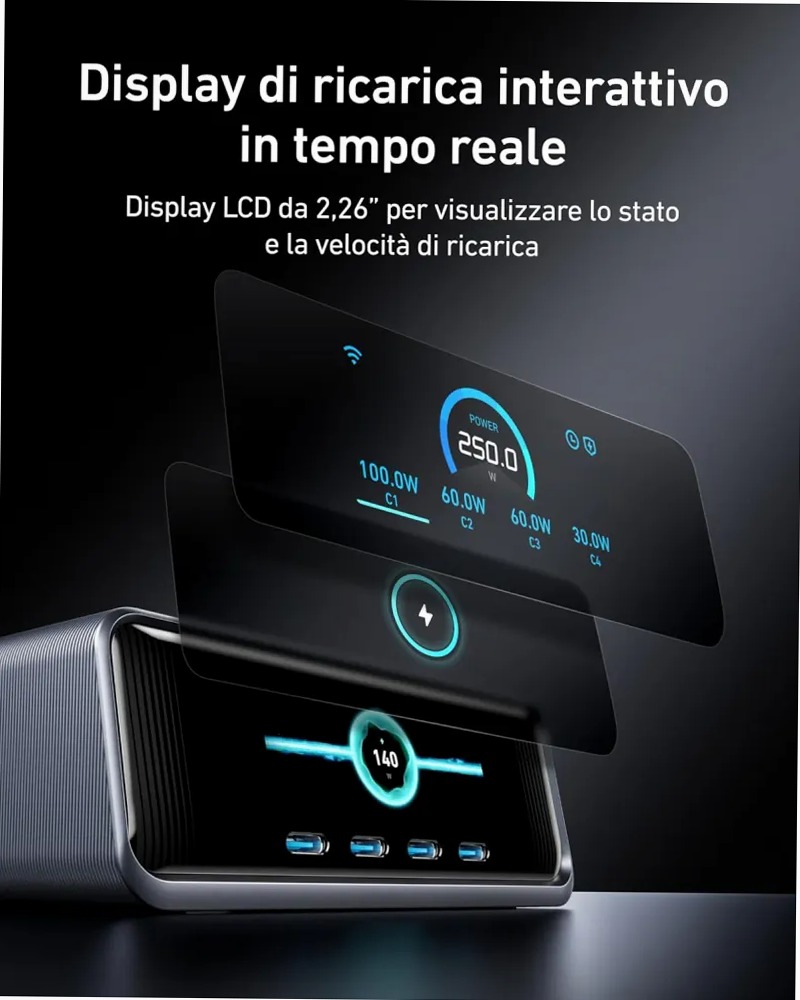 Caricabatterie Anker Prime (250 W, 6 porte, GaNPrime)+Cavo Anker Prime da USB-C a USB-C (240 W, intrecciato riciclato)